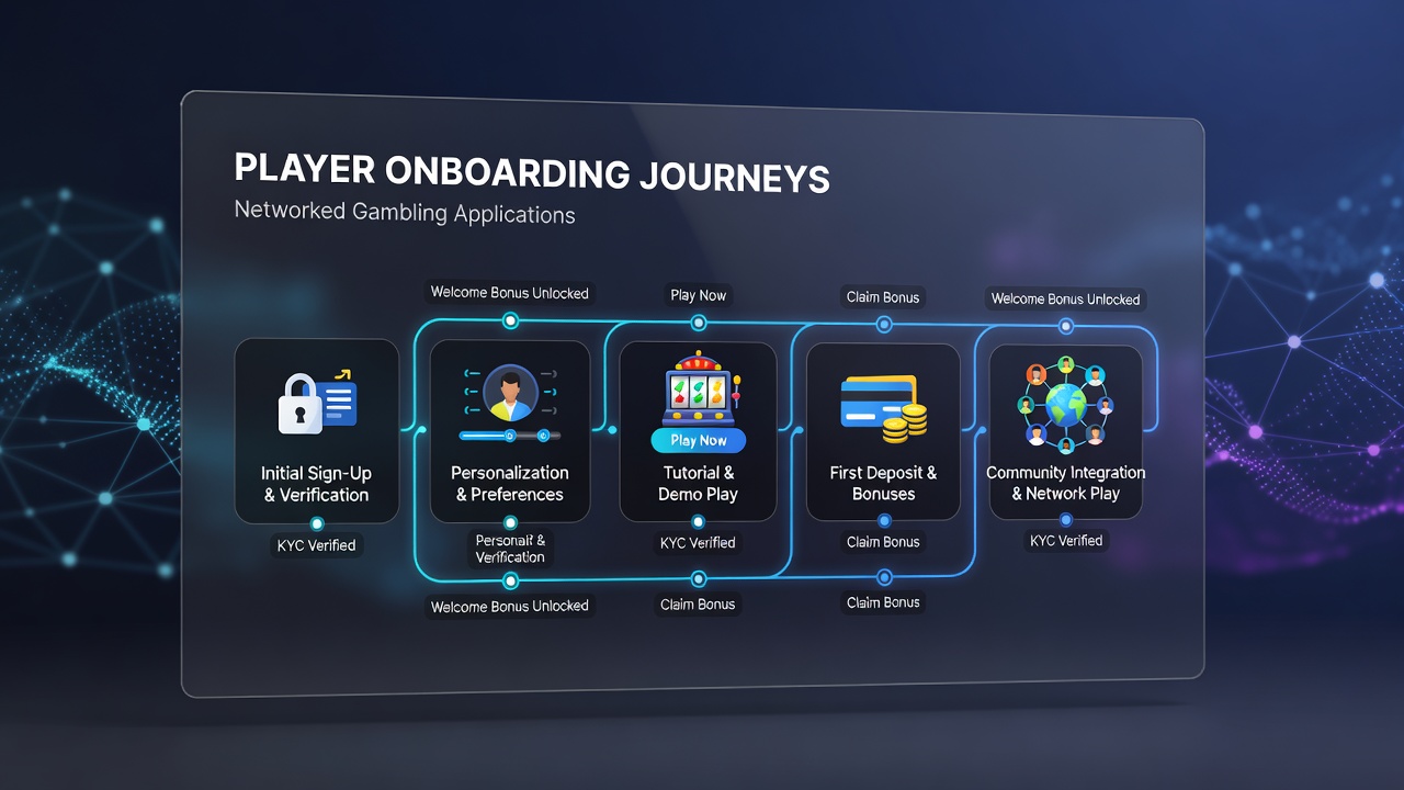 Diagram depicting verification and deposit stages in gambling app onboarding with connected network icons